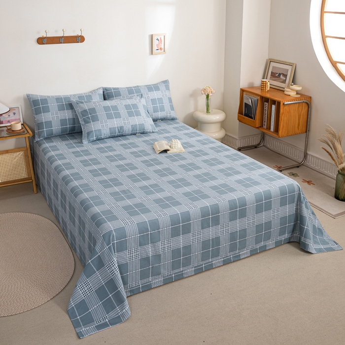 91家纺网 家纺一手货源 找家纺 鸣升 新款舒适透气100%全棉老粗布床单 蓝条格