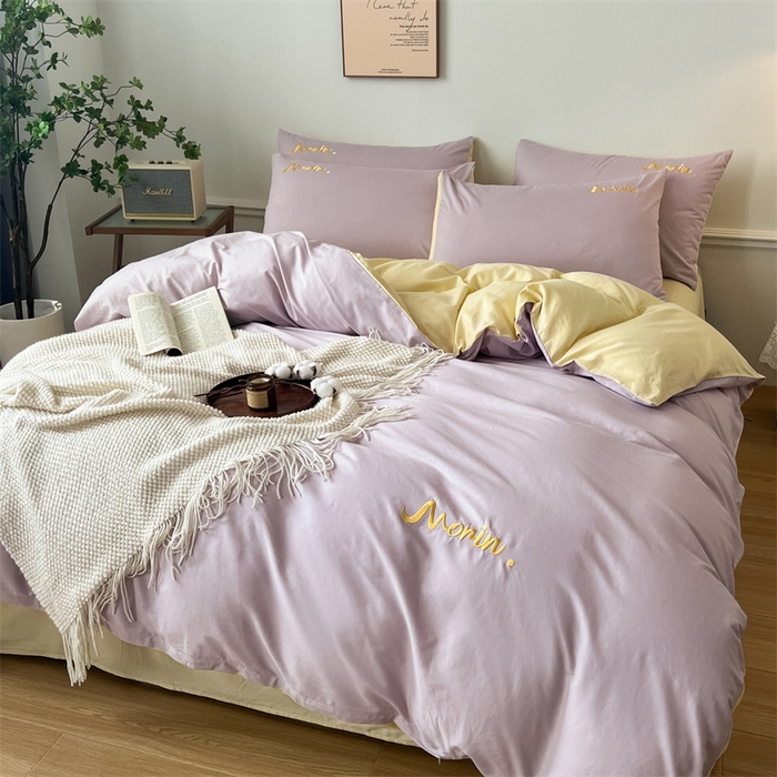 91家纺网 家纺一手货源 找家纺 多品家纺 2024新款全棉纯色双拼刺绣四件套 魅力紫米黄