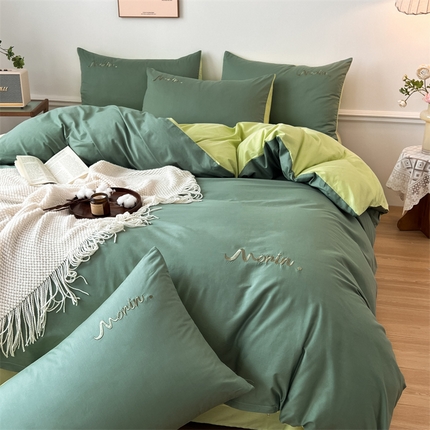 多品家纺 2024新款全棉纯色双拼刺绣四件套 灰绿奶绿