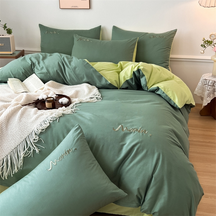 91家纺网 家纺一手货源 找家纺 多品家纺 2024新款全棉纯色双拼刺绣四件套 灰绿奶绿