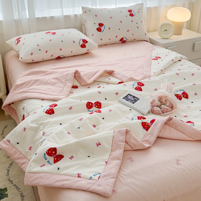 91家纺网 家纺一手货源 找家纺 金丝鸟家纺 2024新款全棉棉花夏被四件套 甜心蝴蝶结