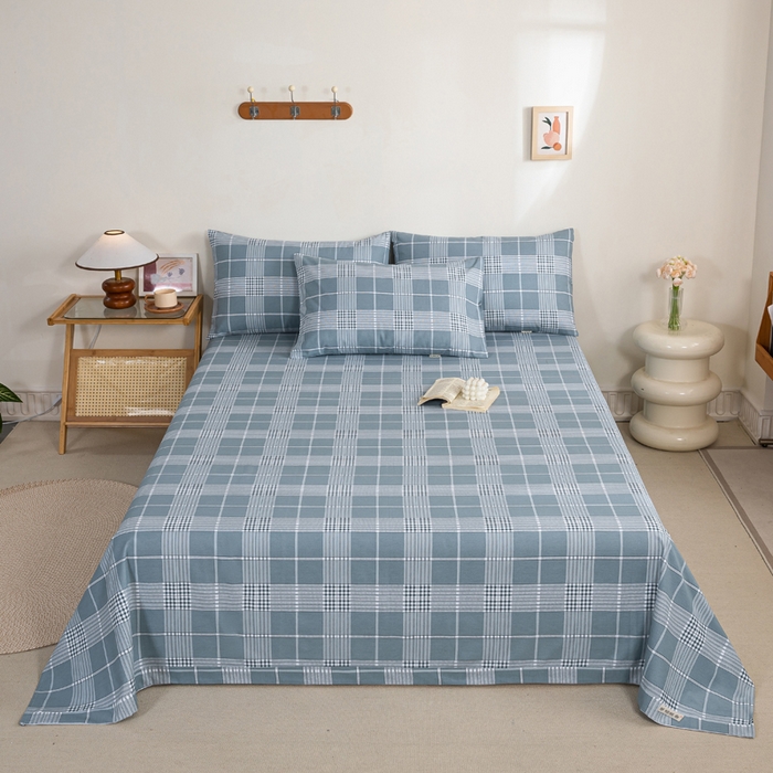 91家纺网 家纺一手货源 找家纺 鸣升 新款舒适透气100%全棉老粗布床单 蓝条格