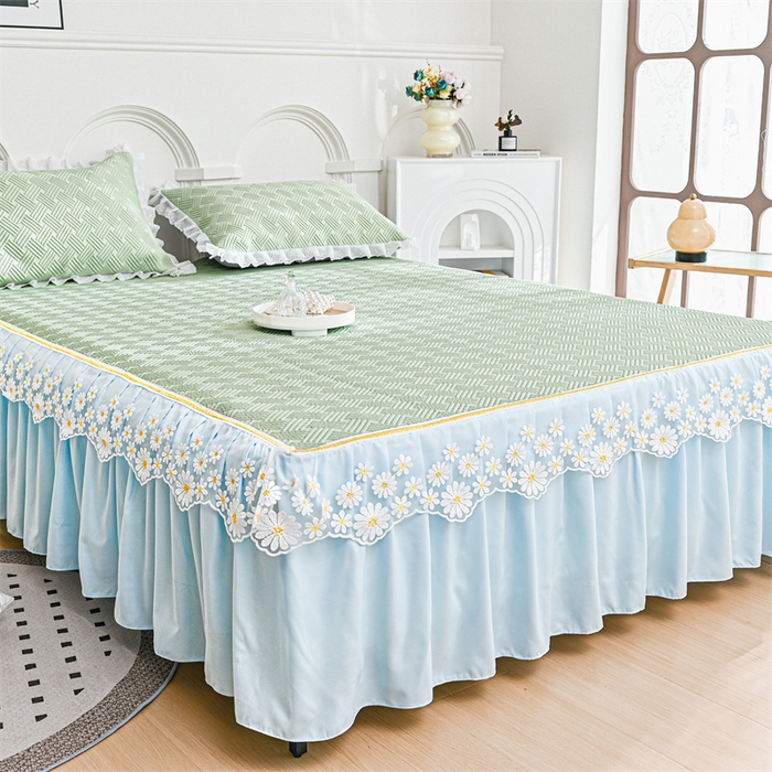 91家纺网 家纺一手货源 找家纺 共鸣沙发垫 2024新款A类凉感冰豆豆透气小菊花床裙系列 床裙冰豆小菊花浅绿