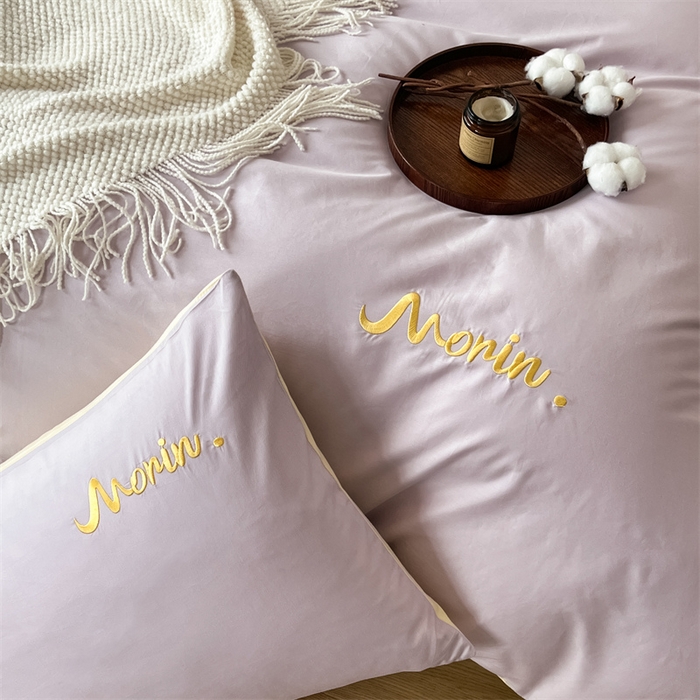 91家纺网 家纺一手货源 找家纺 多品家纺 2024新款全棉纯色双拼刺绣四件套 魅力紫米黄