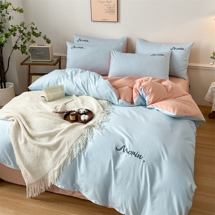 91家纺网 家纺一手货源 找家纺 多品家纺 2024新款全棉纯色双拼刺绣四件套 浅蓝水粉