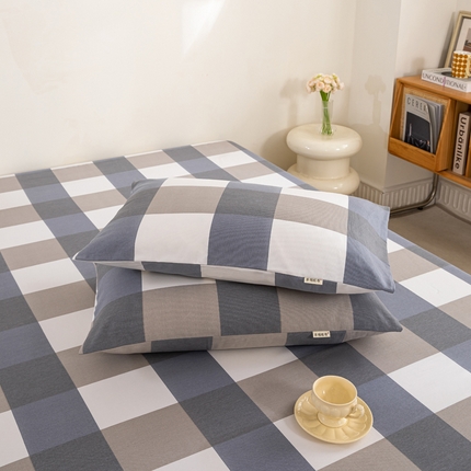 鸣升 新款舒适透气100%全棉老粗布枕套 蓝大格