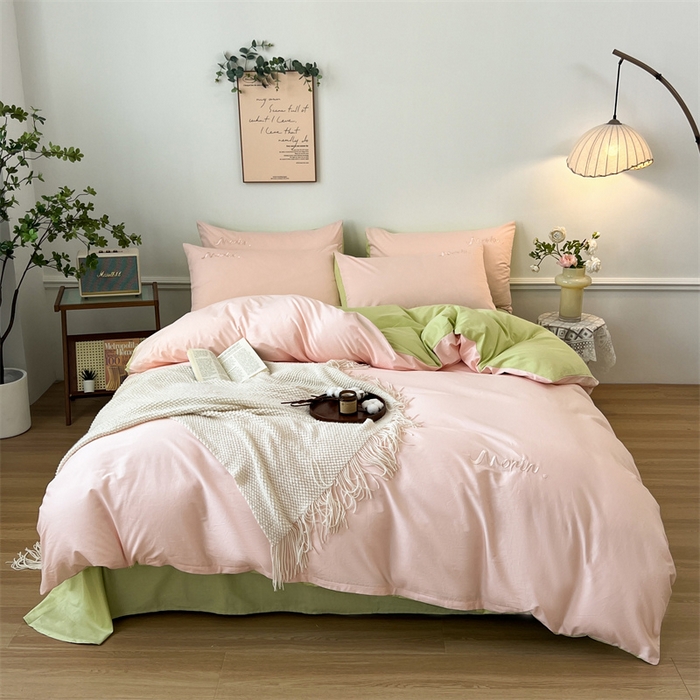 91家纺网 家纺一手货源 找家纺 多品家纺 2024新款全棉纯色双拼刺绣四件套 白玉奶绿