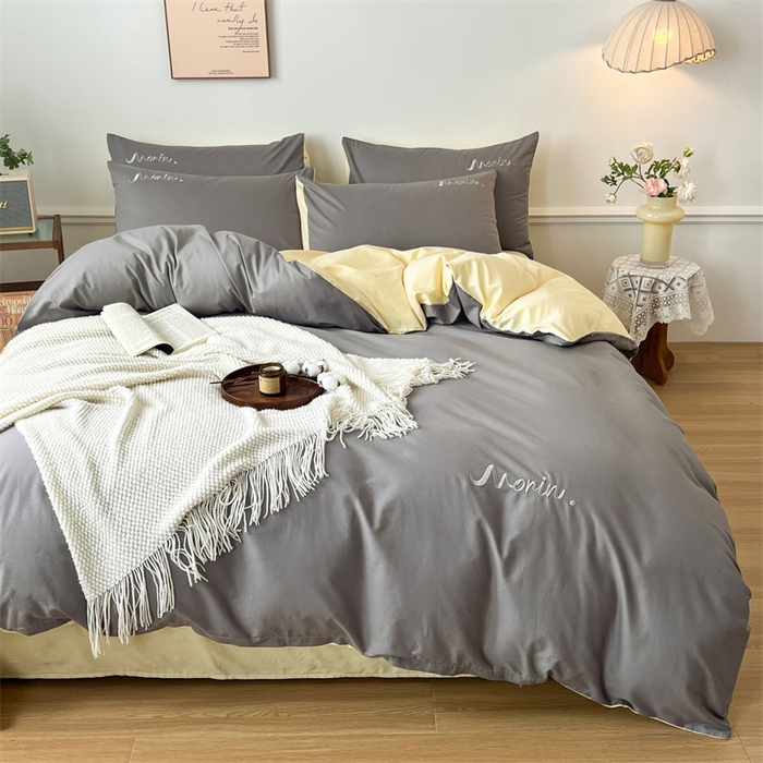 91家纺网 家纺一手货源 找家纺 多品家纺 2024新款全棉纯色双拼刺绣四件套 绅士灰米黄