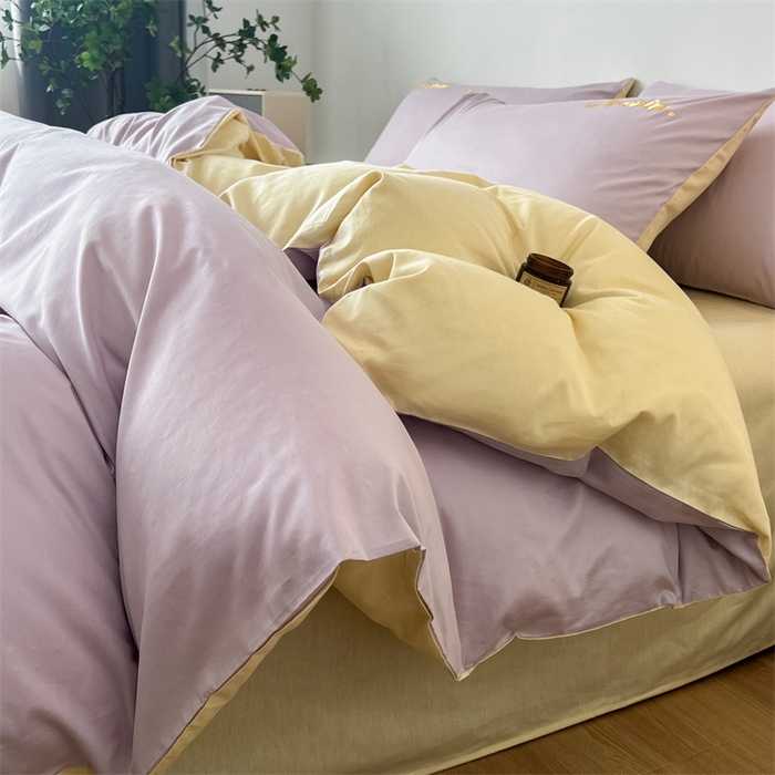 91家纺网 家纺一手货源 找家纺 多品家纺 2024新款全棉纯色双拼刺绣四件套 魅力紫米黄