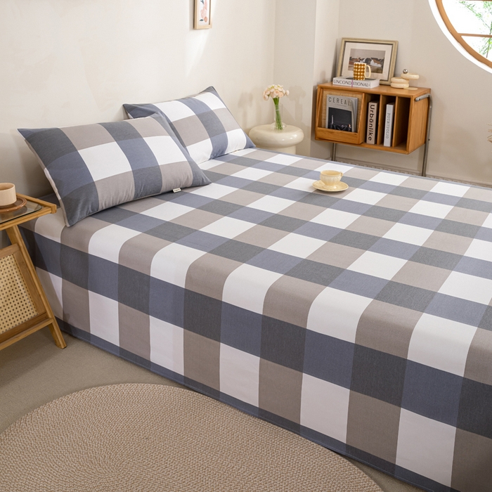 91家纺网 家纺一手货源 找家纺 鸣升 新款舒适透气100%全棉老粗布床单 蓝大格