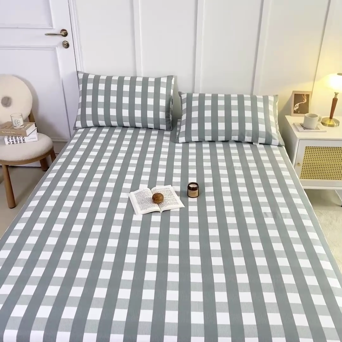 91家纺网 家纺一手货源 找家纺 鸣升 新款舒适透气全棉老粗布床笠 灰中格