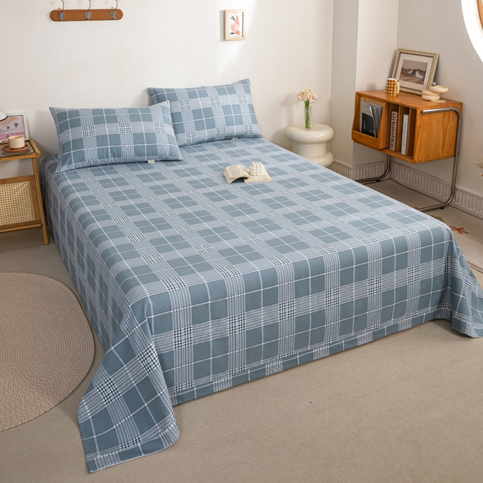 91家纺网 家纺一手货源 找家纺 鸣升 新款舒适透气100%全棉老粗布床单 蓝条格