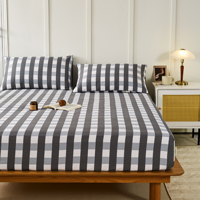 91家纺网 家纺一手货源 找家纺 鸣升 新款舒适透气全棉老粗布床笠 黑小格