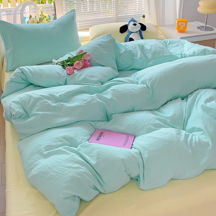 91家纺网 家纺一手货源 找家纺 艾特你 2024新款A类水洗棉被套纯色被套单被套素色被套 混搭-水绿黄