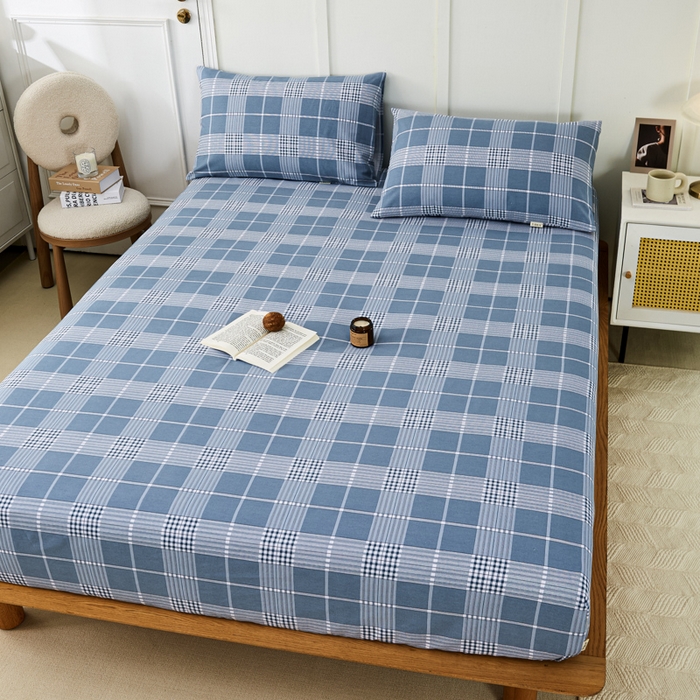 91家纺网 家纺一手货源 找家纺 鸣升 新款舒适透气全棉老粗布床笠 蓝条格