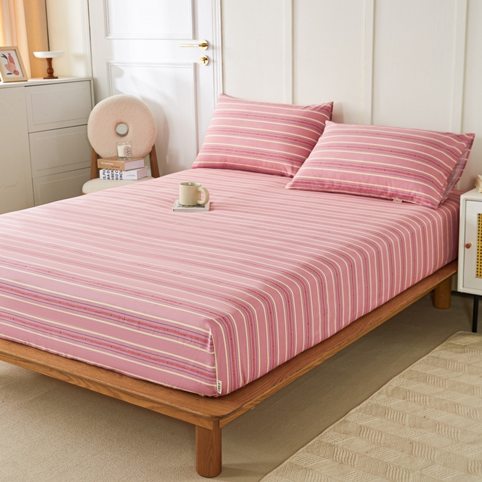 91家纺网 家纺一手货源 找家纺 鸣升 新款舒适透气全棉老粗布床笠 北野-粉