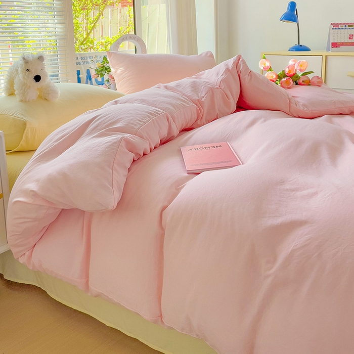 91家纺网 家纺一手货源 找家纺 艾特你 2024新款A类水洗棉被套纯色被套单被套素色被套 混搭-粉黄