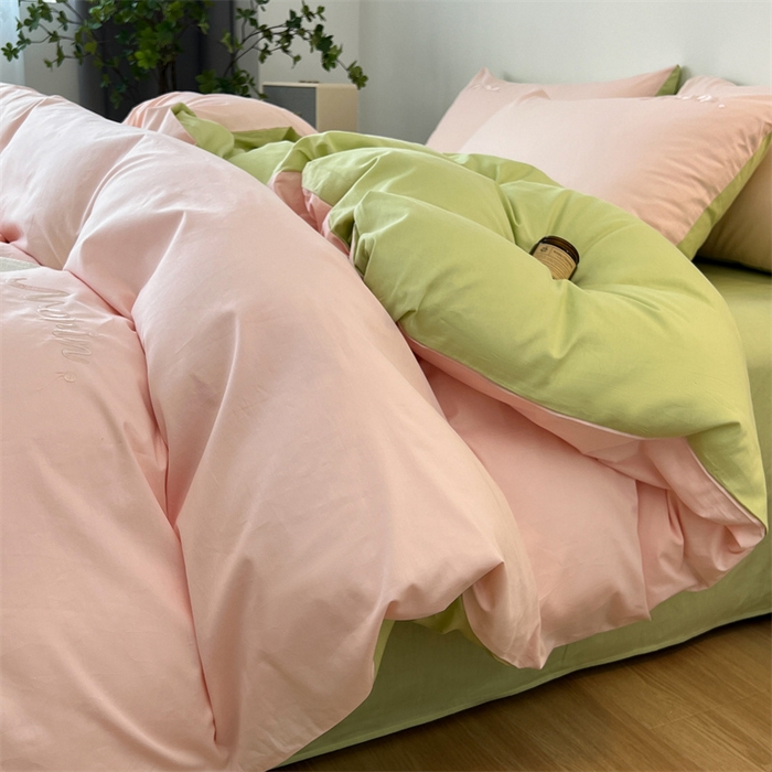 91家纺网 家纺一手货源 找家纺 多品家纺 2024新款全棉纯色双拼刺绣四件套 白玉奶绿