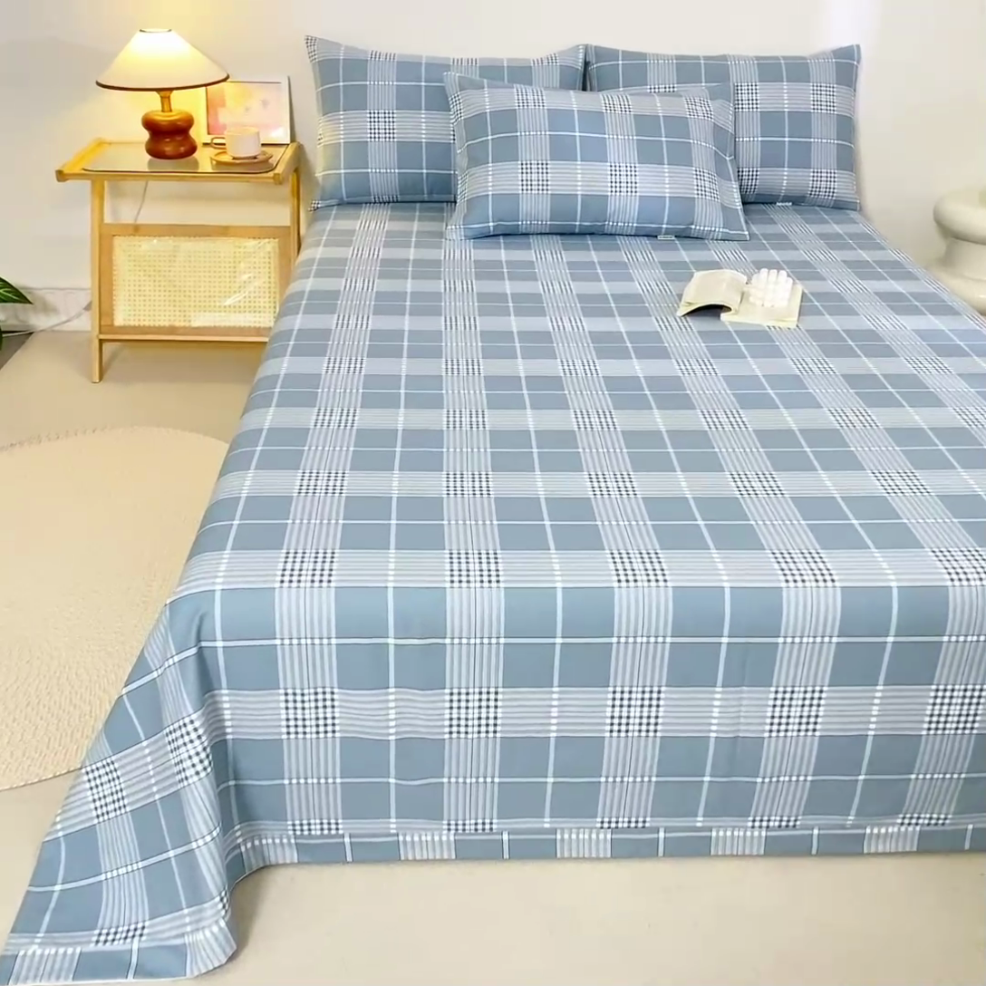 91家纺网 家纺一手货源 找家纺 鸣升 新款舒适透气100%全棉老粗布床单 蓝条格