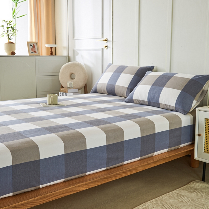 91家纺网 家纺一手货源 找家纺 鸣升 新款舒适透气全棉老粗布床笠 蓝大格