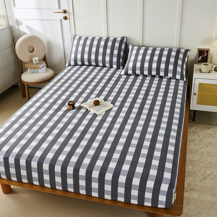 91家纺网 家纺一手货源 找家纺 鸣升 新款舒适透气全棉老粗布床笠 黑小格