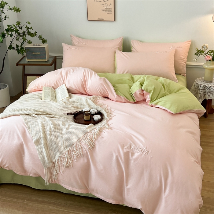 91家纺网 家纺一手货源 找家纺 多品家纺 2024新款全棉纯色双拼刺绣四件套 白玉奶绿