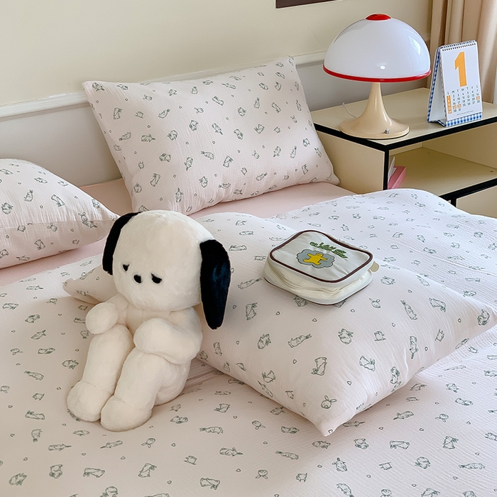 91家纺网 家纺一手货源 找家纺 萝莉家纺2025新款全棉双层皱皱纱四件套 小粉兔