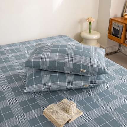 鸣升 新款舒适透气100%全棉老粗布枕套 蓝条格
