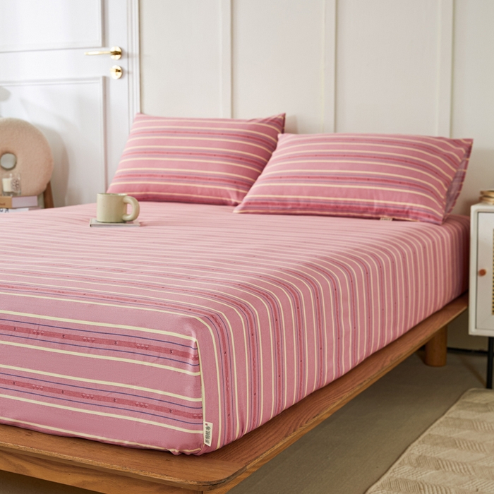 91家纺网 家纺一手货源 找家纺 鸣升 新款舒适透气全棉老粗布床笠 北野-粉