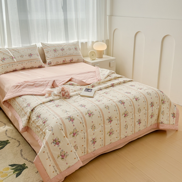 91家纺网 家纺一手货源 找家纺 金丝鸟家纺 2024新款全棉棉花夏被四件套 法式花团