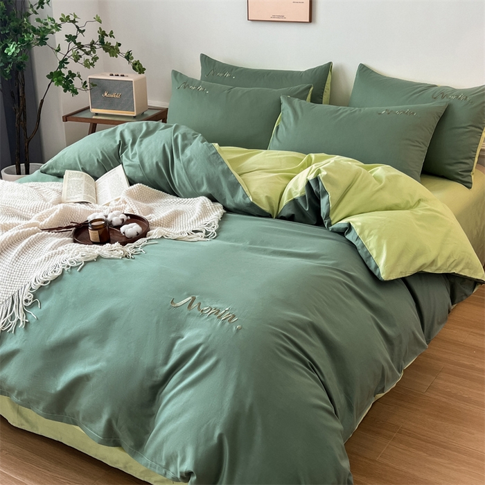 91家纺网 家纺一手货源 找家纺 多品家纺 2024新款全棉纯色双拼刺绣四件套 灰绿奶绿