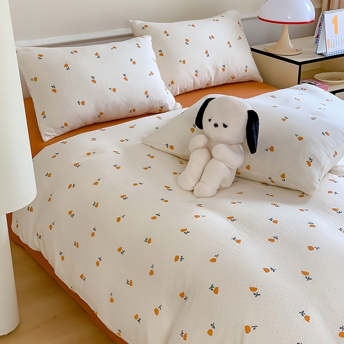 91家纺网 家纺一手货源 找家纺 萝莉家纺2025新款全棉双层皱皱纱四件套 郁金香