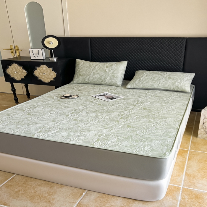 91家纺网 家纺一手货源 找家纺 慕尚家纺 2025新款提花席床笠款 床笠-羽毛纷飞绿