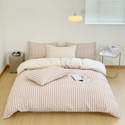 玛奇朵 新款全棉色织立体提花四件套-海街日记 海街日记-粉橘（搭配米色床单）场景二