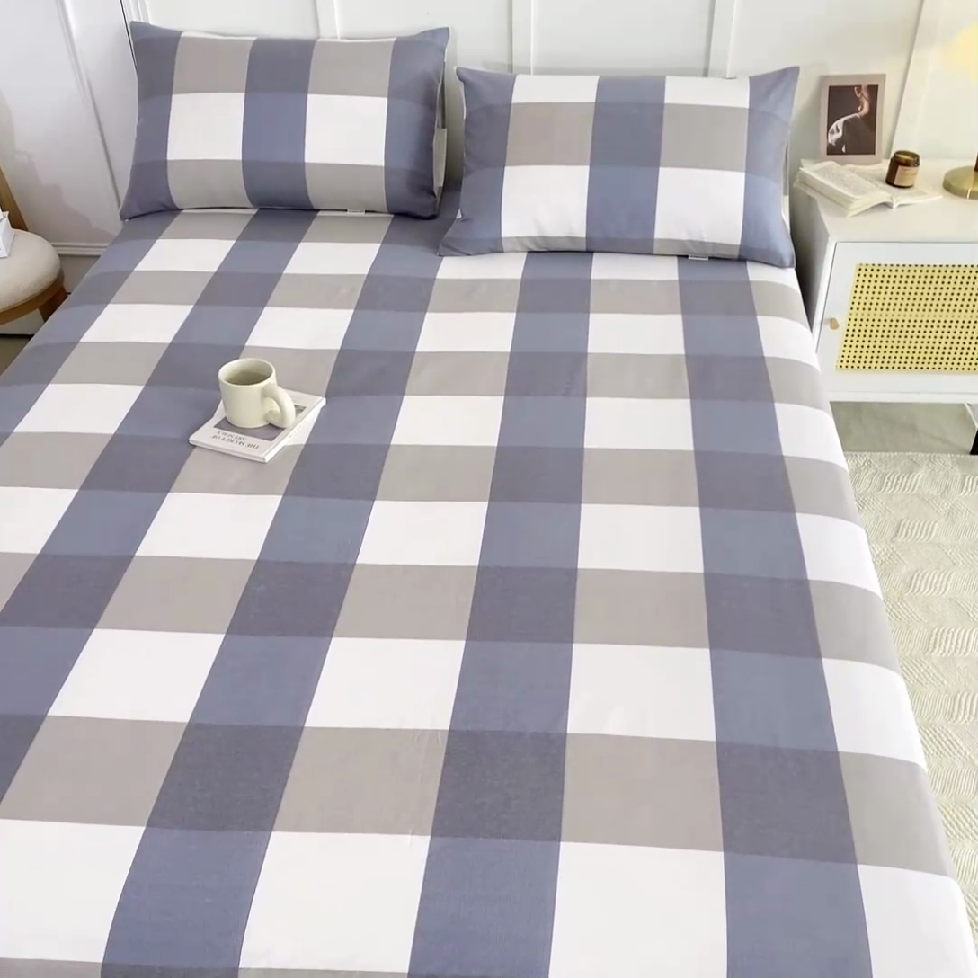 91家纺网 家纺一手货源 找家纺 鸣升 新款舒适透气全棉老粗布床笠 蓝大格