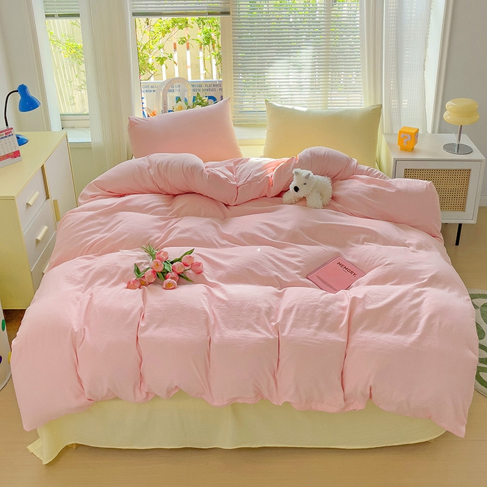 91家纺网 家纺一手货源 找家纺 艾特你 2024新款A类水洗棉被套纯色被套单被套素色被套 混搭-粉黄