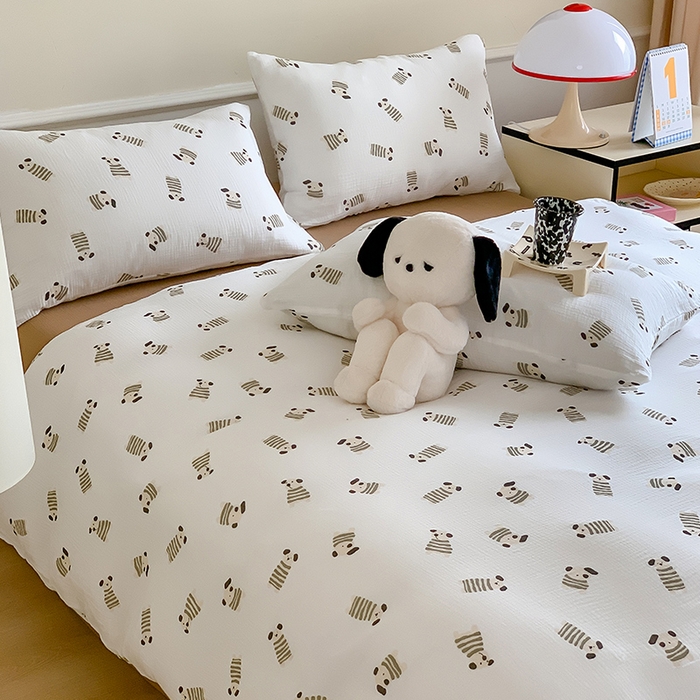 91家纺网 家纺一手货源 找家纺 萝莉家纺2025新款全棉双层皱皱纱四件套 可爱狗