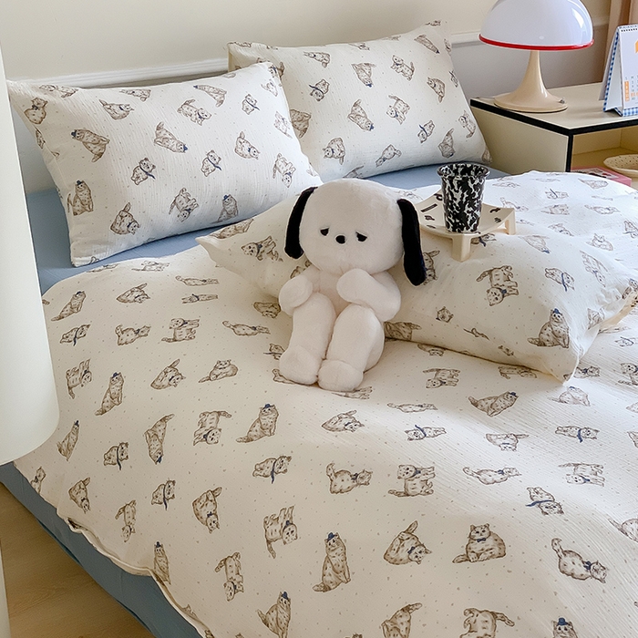 91家纺网 家纺一手货源 找家纺 萝莉家纺2025新款全棉双层皱皱纱四件套 猫咪