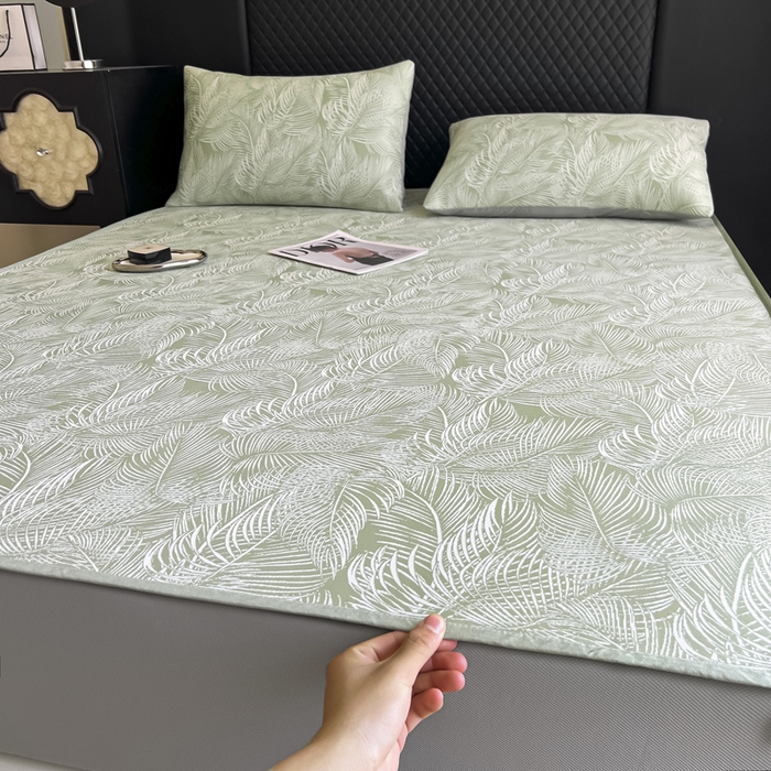 91家纺网 家纺一手货源 找家纺 慕尚家纺 2025新款提花席床笠款 床笠-羽毛纷飞绿