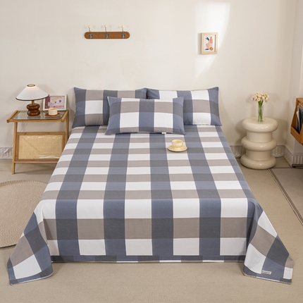 鸣升 新款舒适透气100%全棉老粗布床单 蓝大格