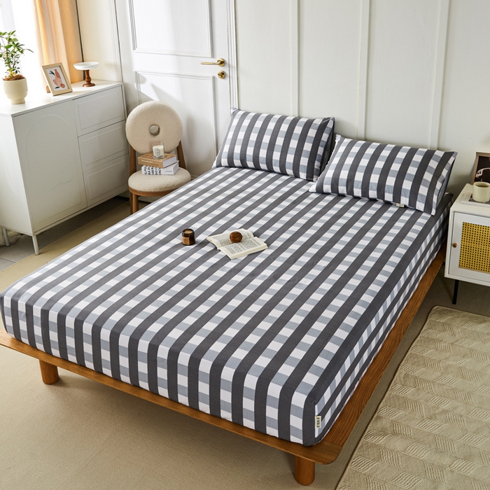 91家纺网 家纺一手货源 找家纺 鸣升 新款舒适透气全棉老粗布床笠 黑小格