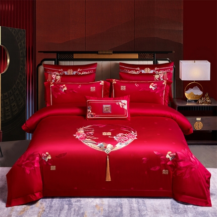 91家纺网 家纺一手货源 找家纺 高大尚婚庆馆 2025新款60支双股长绒棉提花四件套多件套-婚庆系列 （新）锦绣良缘