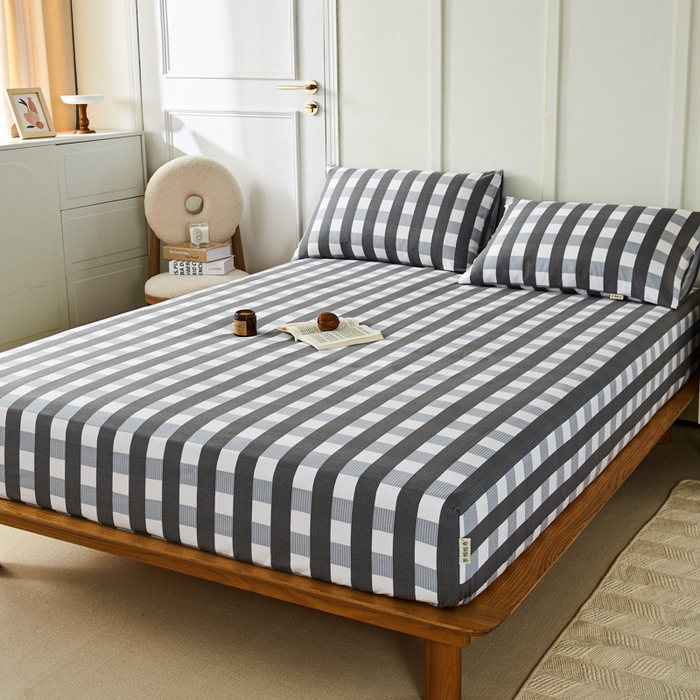 91家纺网 家纺一手货源 找家纺 鸣升 新款舒适透气全棉老粗布床笠 黑小格