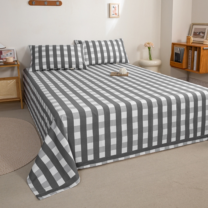 91家纺网 家纺一手货源 找家纺 鸣升 新款舒适透气100%全棉老粗布床单 黑小格