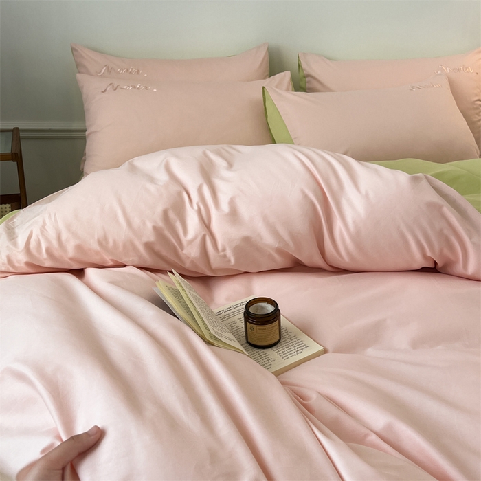 91家纺网 家纺一手货源 找家纺 多品家纺 2024新款全棉纯色双拼刺绣四件套 白玉奶绿