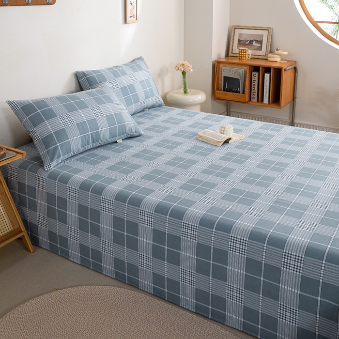 91家纺网 家纺一手货源 找家纺 鸣升 新款舒适透气100%全棉老粗布床单 蓝条格