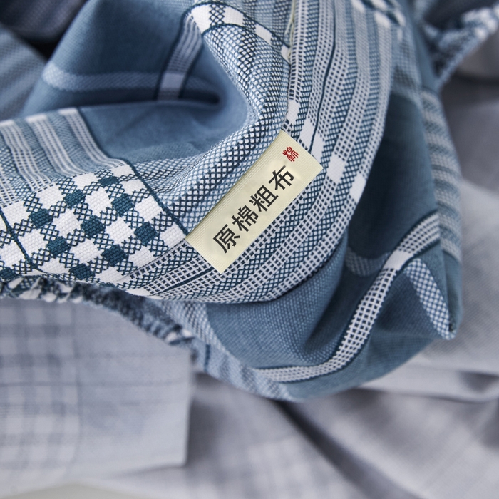 91家纺网 家纺一手货源 找家纺 鸣升 新款舒适透气全棉老粗布床笠 蓝条格