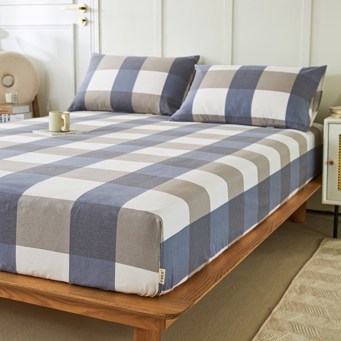 91家纺网 家纺一手货源 找家纺 鸣升 新款舒适透气全棉老粗布床笠 蓝大格