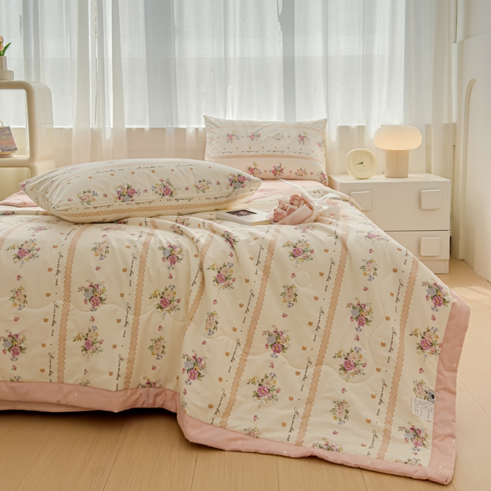 91家纺网 家纺一手货源 找家纺 金丝鸟家纺 2024新款全棉棉花夏被四件套 法式花团