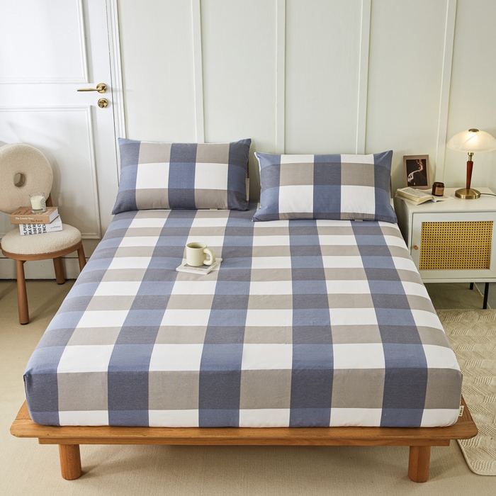 91家纺网 家纺一手货源 找家纺 鸣升 新款舒适透气全棉老粗布床笠 蓝大格